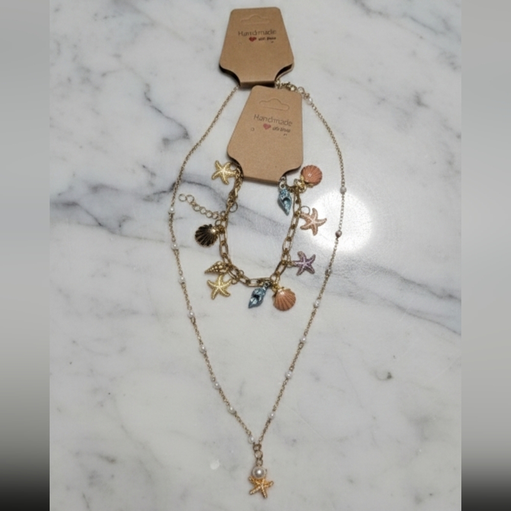 NWT Handmade Fashion Pearl Necklace & Beachy Charm Bracelet Set